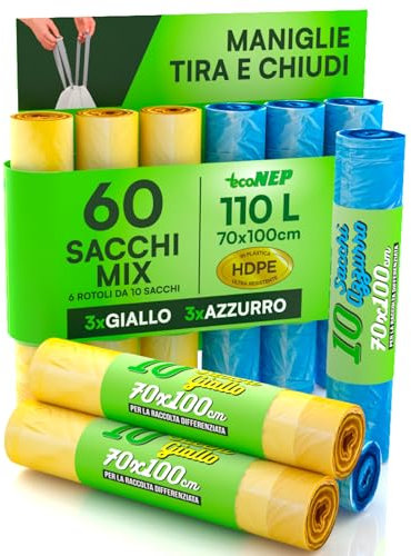 Lot de 60 sacs pour collecte différenciés en plastique HDPE 70 x 100 cm 110 L avec poignées tire et fermer couleur jaune et bleu sacs anti-trou pour déchets poubelle condominiale 6 rouleaux à déchirer