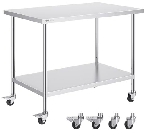 VEVOR Arbeitstisch aus Edelstahl, mit 4 Rädern, Zubereitungstisch 3 einstellbaren Höhenstufen, robuster Arbeitstisch für gewerbliche Küchen und Restaurants, Silber