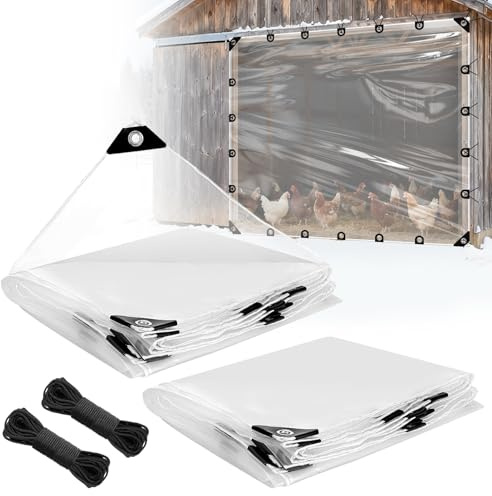 Telone trasparente da 2,4 x 3 m, 2 pezzi, spesso 12 mm, antistrappo, resistente, impermeabile, trasparente, con occhielli per coprire polli, serre, piante da giardino