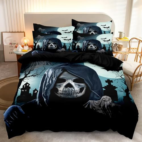 DXHOME Totenkopf Bettwäsche 135 x 200 Schwarz Gothic Wende Bettwäsche Schädel Weich Mikrofaser Halloween Mädchen Teenager Bettbezug mit Reißverschluss + 1 Kissenbezug 80x80 cm