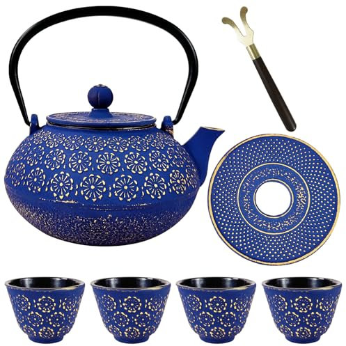 Set da tè giapponese, teiera in ghisa per piano cottura, teiera con infusori per tè sfuso, bollitore da tè con 4 tazze, sottopentola e sollevatore, teiera con design floreale, rivestita con interno