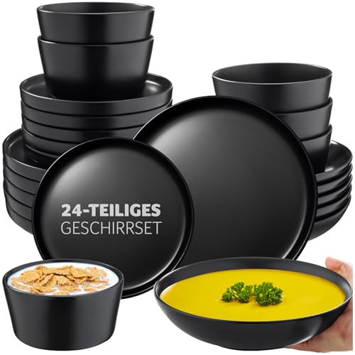 tectake® Geschirrset, Tafelservice 6 Personen, Steingut Geschirr Set schwarz, Teller Set mit Schalen, Speiseteller, Frühstücksteller, tiefe Teller und Schüsseln - 24-tlg.