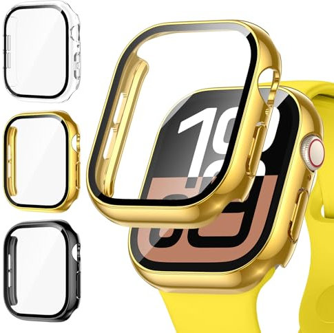 [3Stück] Kamita Hülle für Apple Watch Serie 11/Serie 10 42mm, Stoßfest Hart PC Bumper Case mit Displayschutzfolie aus Gehärtetem Glas, Rundumschutz Gehäuse für iWatch11/iWatch10 (Klar+Gold+Schwarz)