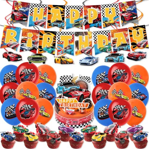 Hot Car Birthday Party Decorations,Car Party Supplies, Car Happy Birthday Banner, Car Balloons, Cake Topper, Cupcake Toppers, Cake Decorations 50pcs