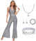 Aragallant Disco Outfit Damen, 70er Jahre Outfit Damen, Pailletten-Disco-Overall, Glitzer Jumpsuit Damen, Disco Accessoires, Disco-Kostüm Erwachsene, Karneval Kostüm für Bühnenauftritt (silber, M)