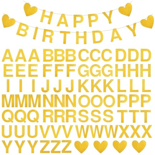 Gold Custom Banner, VEGCOO Glitter Customizable Letters Symbols DIY Personalised Bunting Banner with 2 Pcs Gold Round Streamer Garlands for Women Girls Mr & Mrs Birthday Wedding Party Decorations