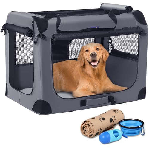 Petprsco Weiche faltbare Hundebox, tragbare Hundekäfige für große Hunde, XL Hundebox für Reisen, 3 Türen, faltbare Haustierhütte mit robusten Netzfenstern für drinnen und draußen