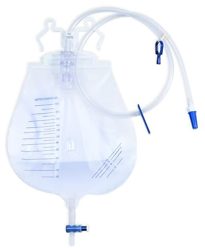 Bolsas de drenaje de orina con cámara de goteo única antireflujo, clips ajustables y gancho colgante para uso en casa y en el hospital (5 unidades de 2000 ml)