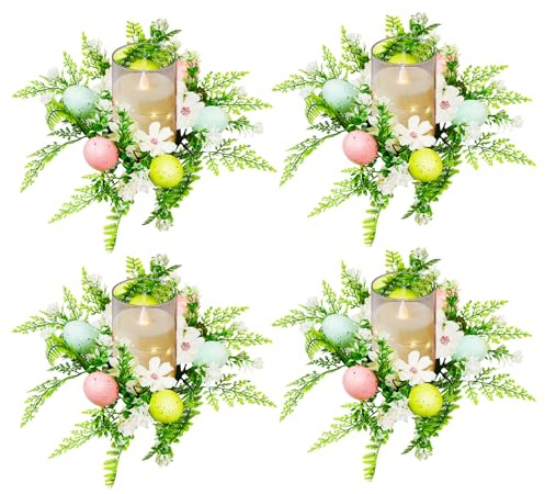 4 Stück Kerzenringe für Stabkerzen, Ostern Deko Kerzenkranz mit Ostereier, 30 cm Ostern Künstliche Kerzenringe, Künstliche Blumenkränze Kerzenkränze,für Hochzeiten,Feiern,Festliche,Wohnzimmer (B)