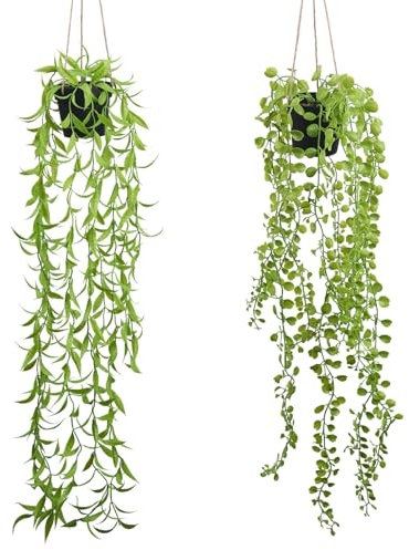 Olrla Lot de 2 Fausses Plantes suspendues avec Pot pour étagères, Bureaux, Chambre à Coucher, Salle de Bain, décoration extérieure (Feuilles de Pêche et Feuilles de Thé)