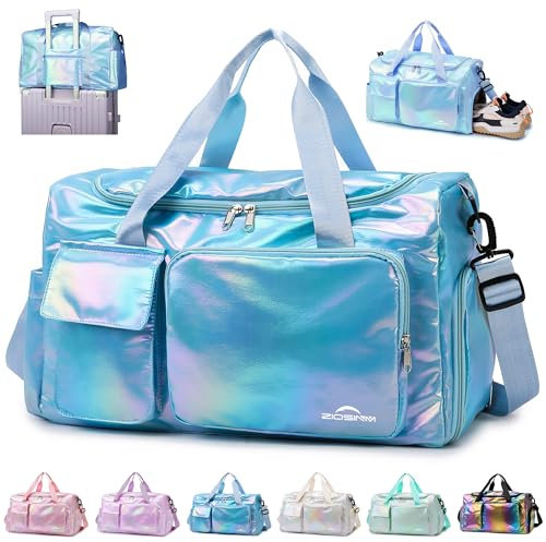 ZIOISNM Sporttasche Damen mit Schuhfach und Nassfach, Reisetasche Damen Glitzer Gym Bag saunatasche Reisetaschen Mädchen für Training, Reise & Wochenendtrips (Blau)