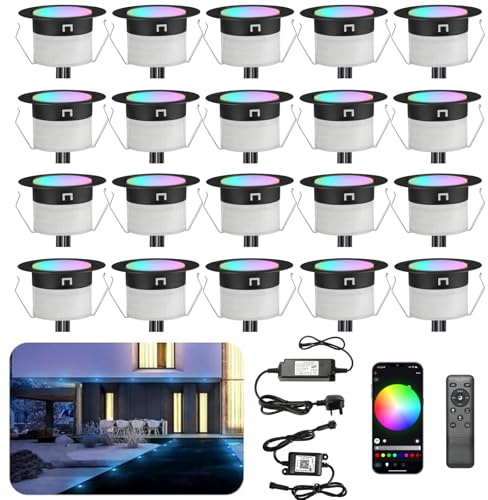 INDARUN RGBW WiFi Led Decking Lights Waterproof IP67 Ø31MM 12V - Bluetooth Led Plinth Lights for Terrace/Patio/Path/Wall/Garden/Decoration, 20 Packs