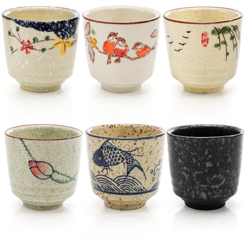 Nagpew 6 Pieces Japanese Tea Cups, 6 Oz Ceramic Coffee Cup with Good Heat Retention, No Handle Teacup Matcha Mug for Latte, Juice, Gift, Dishwasher Safe