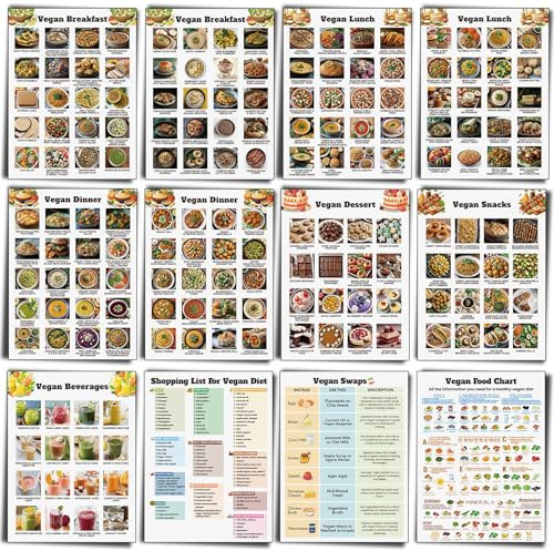Sinload 12 Pcs Vegan Food List Poster Vegan Diet Meal Plan High Protein Veggie Food Chart, Healthy Eating Guide for Kitchen Home