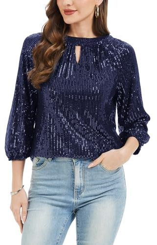 Kyzoeyou Glitzerndes Top zum Ausgehen, 3/4-Langarm-T-Shirt für Damen, Schlüsselloch-Ausschnitt, vollständig gefüttert, Tunika, Party, Nachtblusen