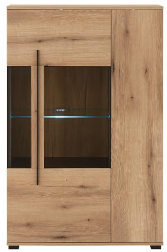 Lomadox Wohnzimmer-Vitrine 90 cm breit Vitrinenschrank Wohnzimmerschrank in Eiche inkl. LED Beleuchtung