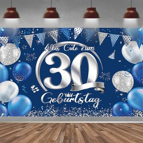 30. Geburtstag Banner Frauen Männer Deko Blau Silber 30 Geburtstag Hintergrund Banner, Extra Große Stoff Schild Poster für 30. Geburtstagsparty Deko, 210x150 cm