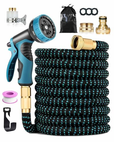 Expandable Garden Hose Pipe 100FT/30M, 10-Pattern Spray Nozzle, Brass Fittings 1/2 & 3/4, Durable 3750D Fabric, 4-Layer Latex Core, Leak-Resistant Design for Gardening and Car Cleaning, Black & Blue