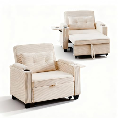 TUKAILAI 3-in-1 Schlafsofa mit Bettfunktion, Corduroy, Beige | Schlafsessel mit Verstellbarer Rückenlehne, Bettkasten Armlehne, Getränkehalter, Einzel-Sofabett für Gäste Kleine Zimmer