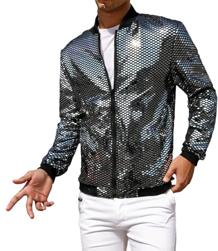Kswlwccpp 2025 Glitzer Jacket Herren Schwarz - Party Pailletten Sakko Disco Langarm Elegant Glitzerjackett M-5XL