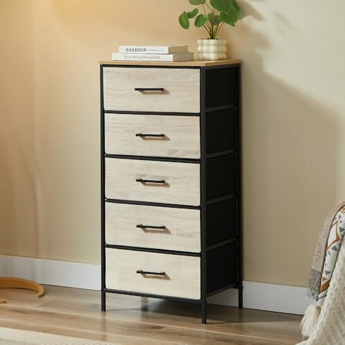 CASABEL Commode Haute et étroite, 5 tiroirs en Tissu Rigide, métal Noir et Plateau en Bois, 45x30x94cm, Colonne de Rangement pour Chambre, Salon, entrée ou Couloir, Fonctionnelle et Pratique