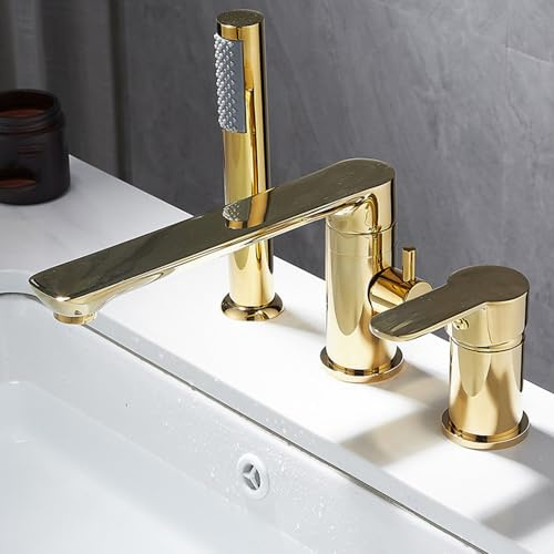 Badewannenarmatur mit Handbrause Drehbar 3 Loch Armatur Badewanne Messing-Gold