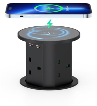 Pop Up Socket with 15W Wireless Charger, Haylink Recessed Power Socket, 4 UK Plug, 3 USB Ports, 2M Cable, for Kitchen, Office Desk, Conference Room, Black