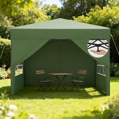 Aufun Pop Up Pavillon 2.5x2.5m Wasserdicht Winterfest Stabil, UV Schutz Faltpavillon mit Seitenwänden, Partyzelt Faltbar für Garten, Camping, Hochzeit, Innenhof, Höheverstellbar 240-260cm, Grün