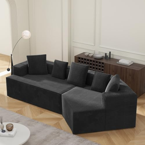 NuvlaGu Modulares Cloud Sofa 312 cm, Vollkomprimiertes 3-Sitzer Wohnlandschaft mit L-Form, Cord Stoff, Tiefe Sitzfläche, Ohne Montage, Modernes Loungesofa Schwarz