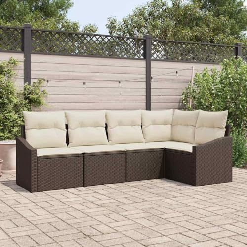 HGBNMER Gartenmöbel Set 5-teilig mit Kissen, Poly-Rattan Sitzgruppe Terrasse wetterfest, Braun und Weiß, Ecksofa mit Armlehnen und Aufbewahrungstasche