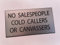 No Salespeople - Cold Callers - Canvassers - Engraved Sign