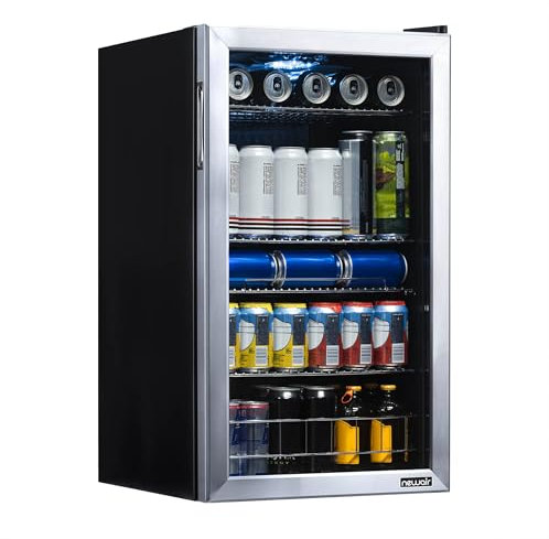 NewAir Mini refrigerador y enfriador – 177 mini latas o 126 latas regulares – Dispensador de bebidas con estantes ajustables y puerta de vidrio – Mini refrigerador para vino, cerveza o refrescos –