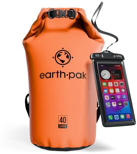 Earth Pak -Waterproof Dry Bag - Roll Top Dry Sack Keeps Gear Dry for Boating, Hiking, Camping and Fishing with Waterproof Phone Case (Orange, 40L)