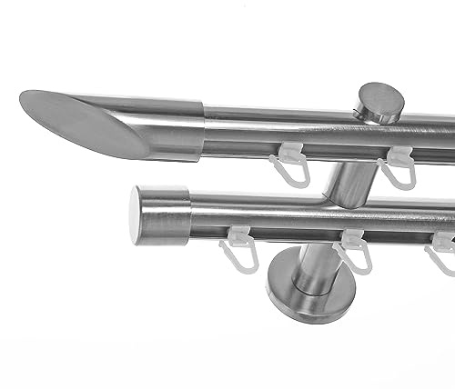 BASIT Gardinenstange Innenlauf Edelstahllook 20mm 2-läufig Wand 320cm H40 | Gardinenstangenset doppelläufig Wandmontage Metall Vorhangstange Wandhalterung 120-600cm wählbar Kappe Schräge E32