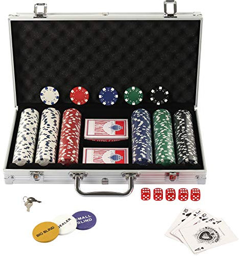 display4top Pokerkoffer, Laser Pokerchips Poker 12 Gramm, 2 Karten, Händler, Small Blind, Big Blind Tasten und 5 Würfel, mit Aluminium-Gehäuse (300 Chips)