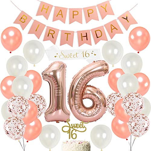 JOYMEMO Decorazioni di Compleanno in Oro Rosa e 16 Forniture per Feste per Ragazze, Cake Topper, Fascia in Raso, 16 Numeri Palloncini, striscioni e Palloncini Buon Compleanno Bianco Perla