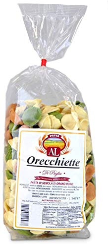 Frische Orecchiette Tricolor Nudeln aus Italien 500g - Original Orecchiette Pasta - trafila in bronzo - Handwerkliche Verarbeitung