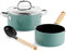 GreenPan Mayflower Juego de ollas y sartenes de cerámica antiadherente GreenPan Mayflower, 4 piezas, mango de madera vintage, sin PFAS, inducción, Azul Ahumado
