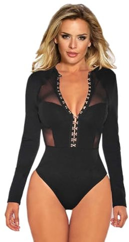 comeondear Women Sexy Bodysuit Mesh Lace Lingerie Long Sleeve Leotard Bodysuit Black Clubwear Tops UK 16-18