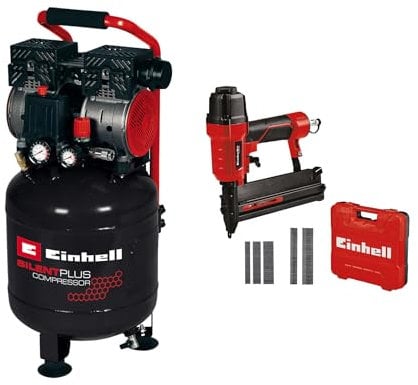 Einhell Kompressor TE-AC 24 Silent (leiser Kompressor, 750 W, max. 8 bar, öl- und servicefreier Motor, 24 l-Tank, Manometer, inkl. Druckluft-Tacker TC-PN 50, 1500 Klammern, 2000 Nägel, Ölfläschchen, Stecknippel, Transportkoffer)