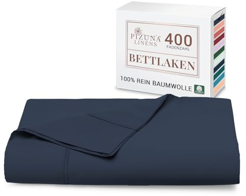 Pizuna Bettlaken 180x280 cm Baumwolle Dunkelblau 400 Fadenzahl | 100% Langstapel Baumwolle Bettlaken ohne Gummizug, Satinbindung nur Flachlaken Mit stilvollem 5 cm Saum Mako Satin