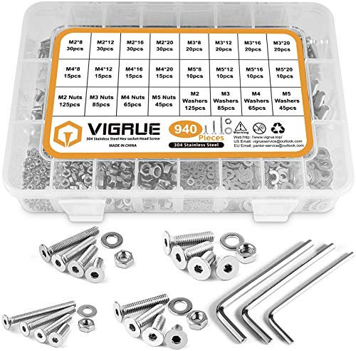 VIGRUE 940Pièces M2 M3 M4 M5 304 en Acier inoxydable à tête plate avec Ecrous et Rondelles Visserie Vis avec Boîte de Rangement