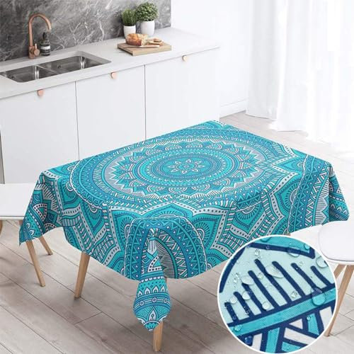 Morbuy Tischdecke Abwaschbar für Speisetisch, Wasserabweisend Abwischbar Lotuseffekt Quadrat Küchentischabdeckung Böhmen Drucken Tischtuch Pflegeleicht (90x90cm,Dunkles Türkis)