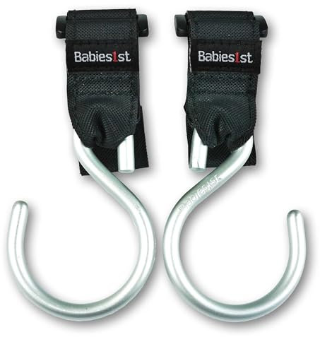 Kinderwagen Haken, rutschfeste offene Aluminium Haken | Gehen nie kaputt | Befestigung für Wickeltasche Babies1st, Kinderwagen Haken: Schwarz offen 2-er Set