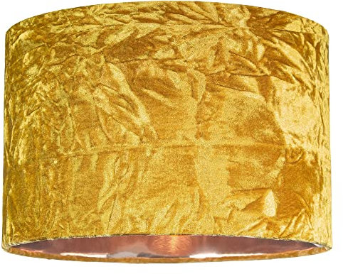Modern and On-Trend Ochre/Mustard Crushed Velvet Fabric 14 Table or Pendant Circular Drum Lampshade with Shiny Copper Inner - 60watt Maximum | Perfect for Residential or Commercial by Happy Homewares