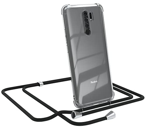 EAZY CASE Handykette kompatibel mit Xiaomi Redmi 9 / Redmi 9 Prime Handyhülle mit Umhängeband, Handykordel mit Schutzhülle, Silikonhülle, Hülle mit Band, Stylische Kette, Schwarz