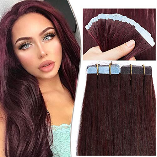 SEGO Tape Extensions Echthaar 20 Tressen/30 g Klebeband Haarverlängerung Haarteile 100% Remy Human Haar Kleber Weinrot#99J 20(50cm)-30g