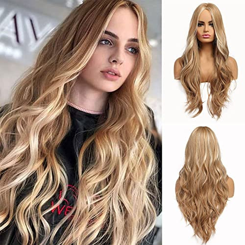 Esmee 24 Zoll Lange Braune Ash Blonde Perücken für Frauen Natürlich Wellenförmig Synthetische Haar Perücke Mittelscheitel