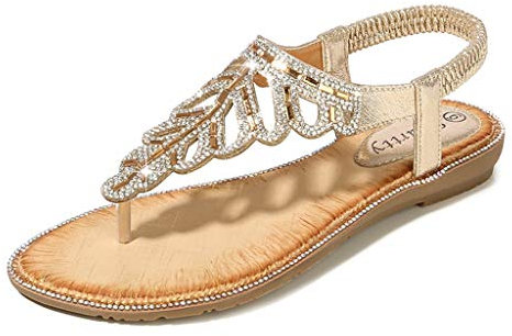 Julhold Sandalen Offen Strandschuhe Hauschuhe Riemchensandalen Damen Böhmischer Strass Flacher Zehenabscheider Sommer Strand Reise Schuhe Lässige Flache Schuhe(Gold,41)