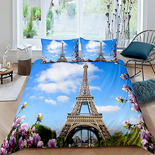 Eiffelturm Trösterbezug 135x200 Für Kinder Mädchen Erwachsene Frauen Rosa Blume Bettbezug Romantisch Frankreich Paris Bettwäsche Set 3D Stadt Gebäude Tagesdecke Abdeckung Schlafzimmer Dekor Blau